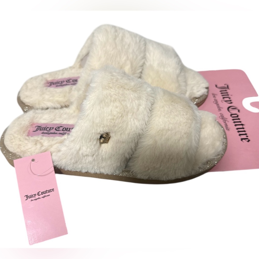 ✅SOLD✅New! Juicy Couture Cream Faux Fur Furry Swirl Slippers Women’s Sz S (5-6) - Picture 3 of 4